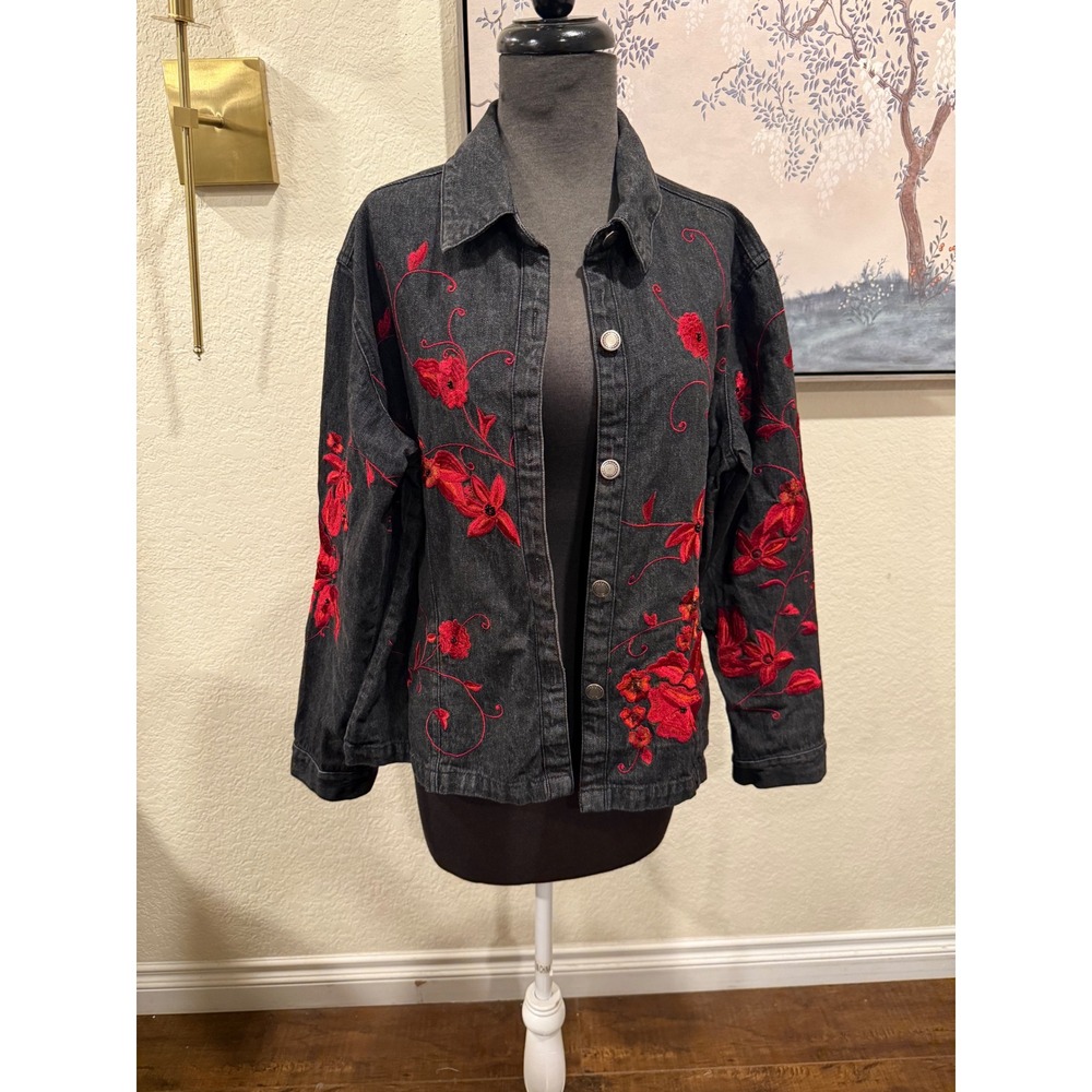 Chico's Design Womens Black Denim Jacket Red Floral Embroidered Cotton‎ Size L